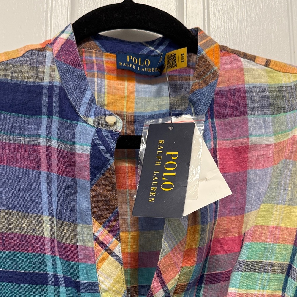 Polo by Ralph Lauren Multicolor Plaid Tie-Front Sleeveless Linen Shirt - Picture 3 of 4